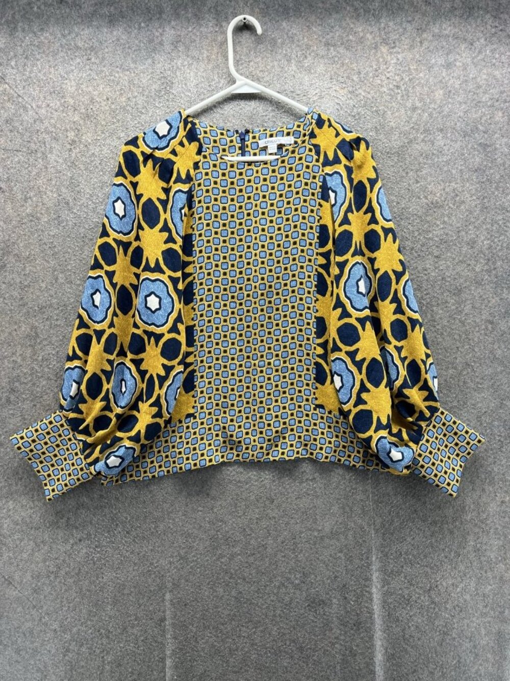 Chico's Blouse Women 2 Yellow Blue Geometric Crew Neck Long Raglan Sleeve Zip